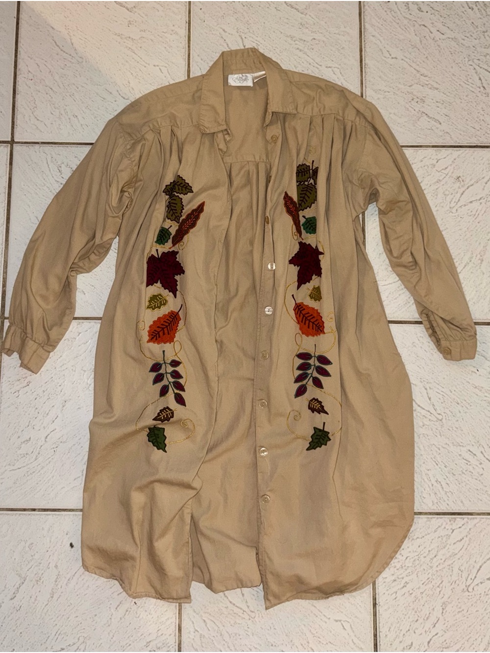 Embroidered Beige Button-Front Women's Dress
